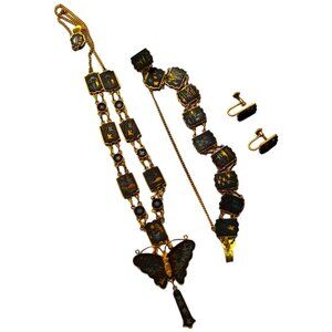 RARE Vtg Japanese Damascene Shakudo Panel Necklace/Bracelet/Screw-On Earrings
